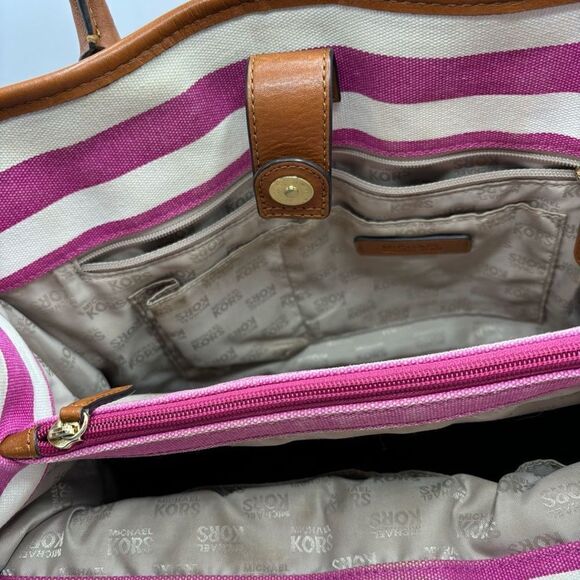 Michael Kors Hamilton Pink Stripe Brown Leather Shoulder Crossbody Tote Bag - Picture 11 of 14